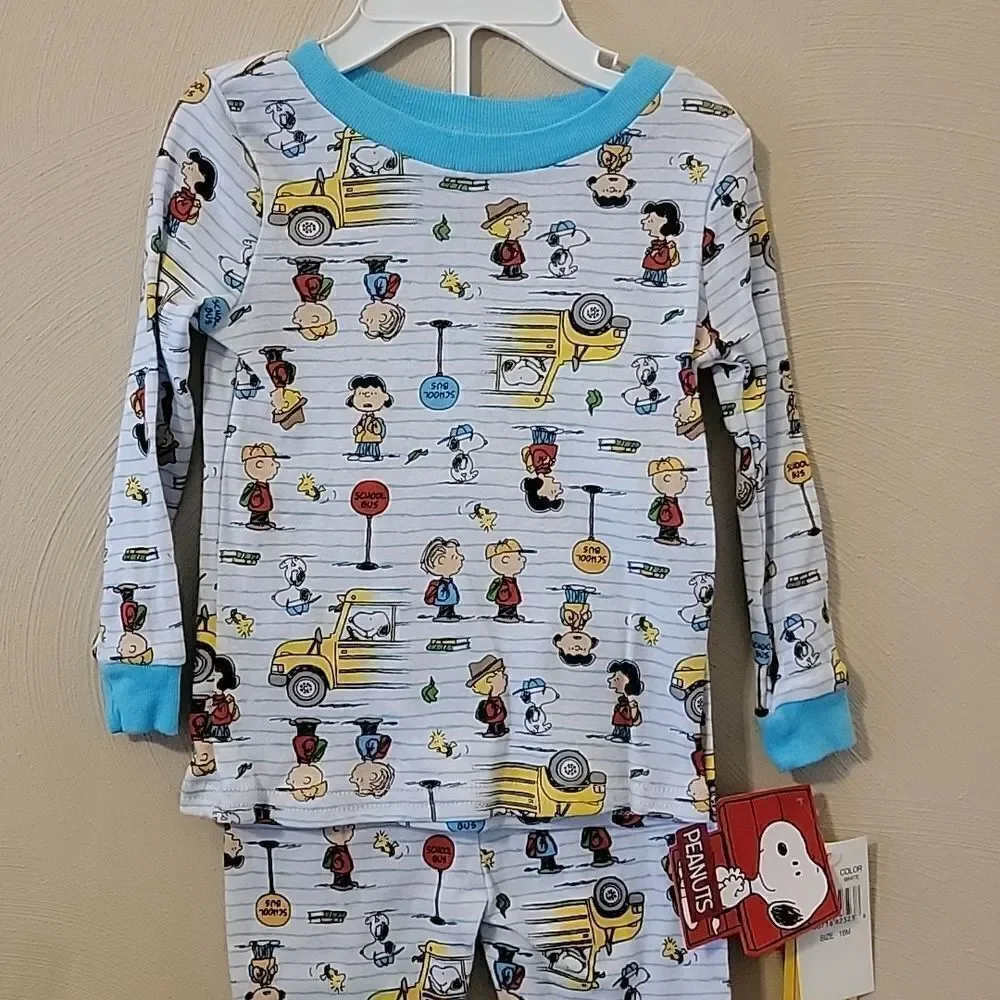 PEANUTS 2-PIECE SNOOPY LINUS CHARLIE BROWN SCHOOL BUS PAJAMAS, SIZE 18 M…